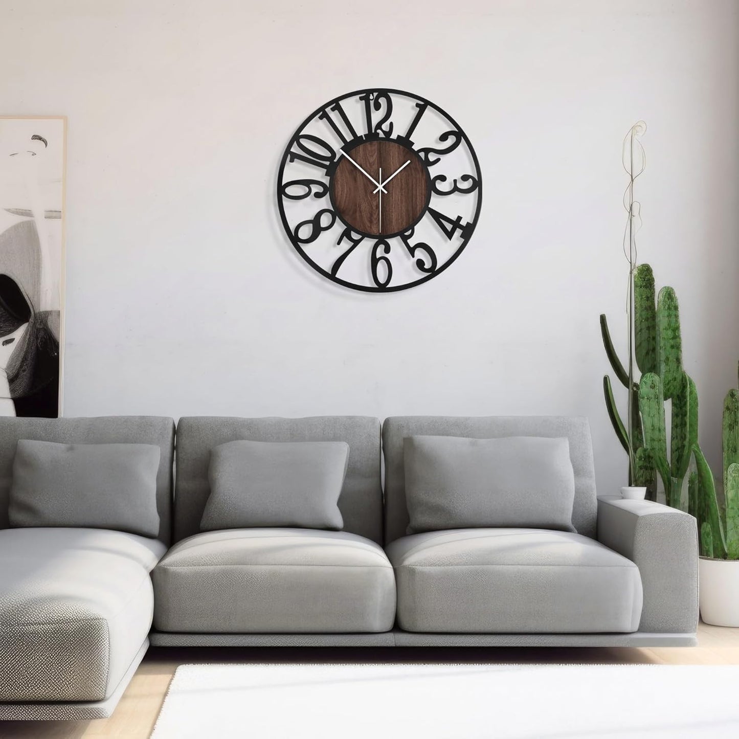 Hollow Number Iron Wall Clock – 13.5 Inch / 34CM Decorative Round Clock with Wood Grain Center for Living Room, Bedroom, Study, Dining Room, and Office