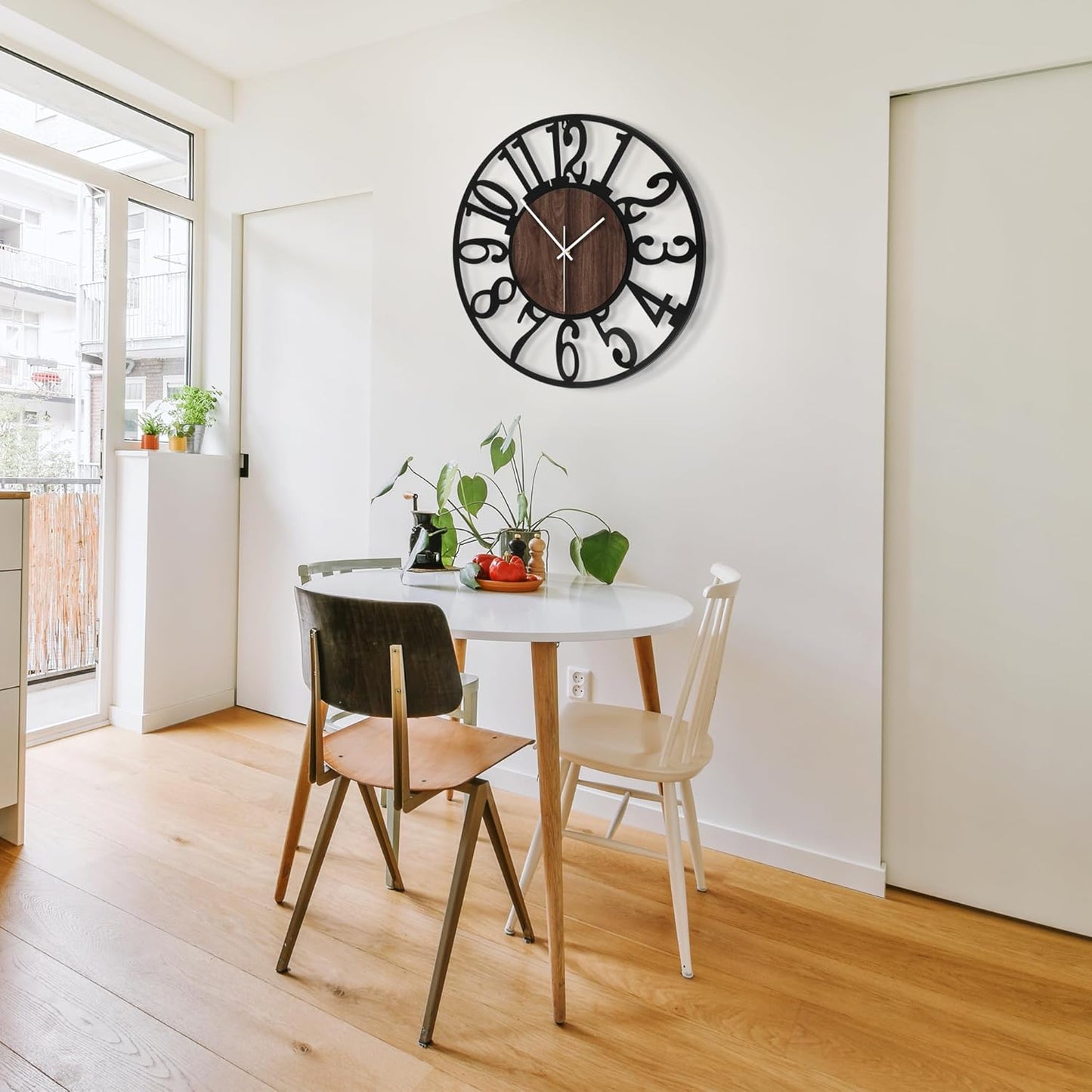 Hollow Number Iron Wall Clock – 13.5 Inch / 34CM Decorative Round Clock with Wood Grain Center for Living Room, Bedroom, Study, Dining Room, and Office
