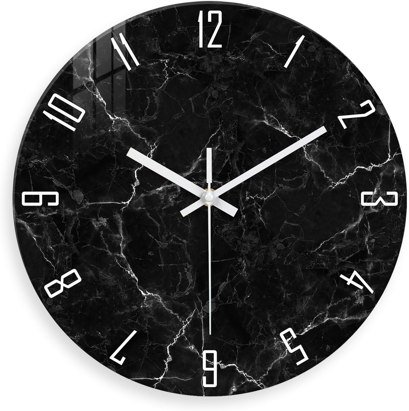 Marble Pattern Silent Wall Clock – 12 Inch / 29.7CM Decorative Black Clock with White Numbers for Living Room, Bedroom, Study, Dining Room, and Office