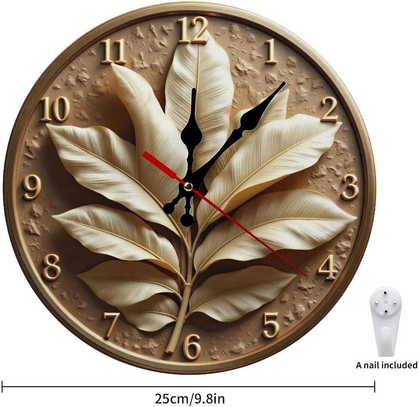 3D Relief Leaf Wall Clock – 9.8 Inch / 25CM Silent Decorative Clock with Artistic Design for Living Room, Bedroom, Dining Room, Study, and Office