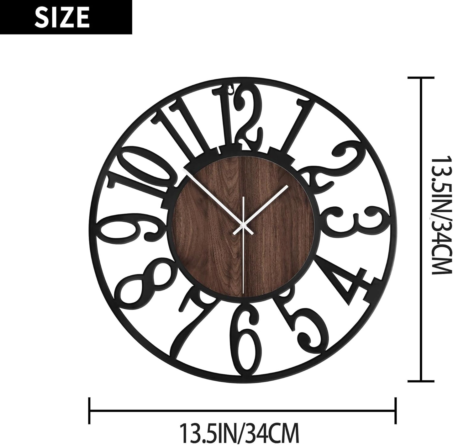 Hollow Number Iron Wall Clock – 13.5 Inch / 34CM Decorative Round Clock with Wood Grain Center for Living Room, Bedroom, Study, Dining Room, and Office