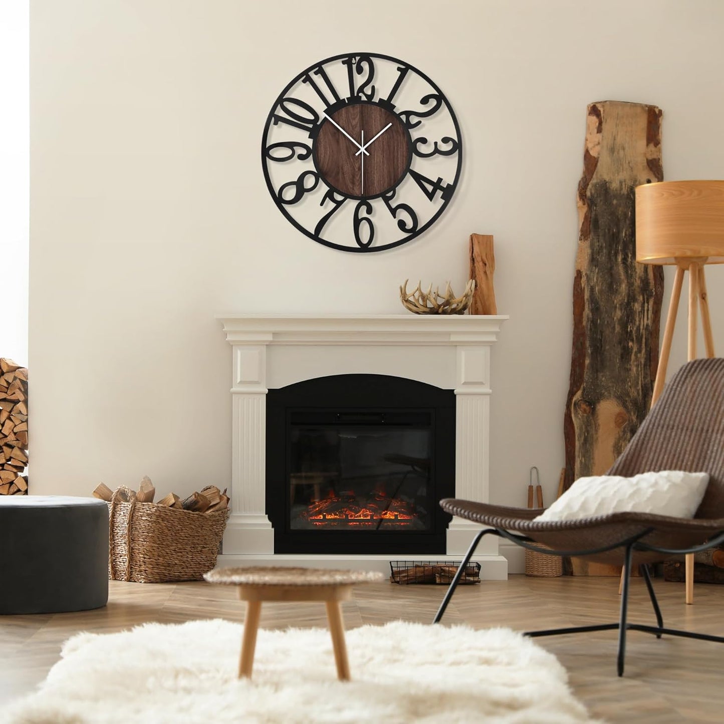Hollow Number Iron Wall Clock – 13.5 Inch / 34CM Decorative Round Clock with Wood Grain Center for Living Room, Bedroom, Study, Dining Room, and Office