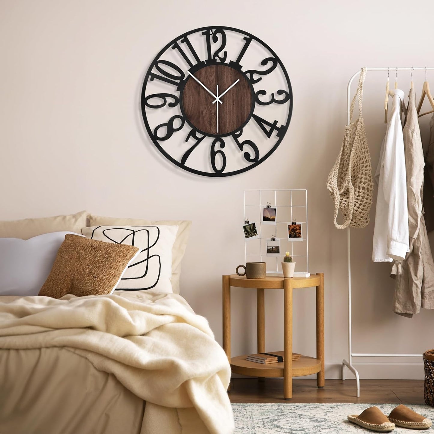 Hollow Number Iron Wall Clock – 13.5 Inch / 34CM Decorative Round Clock with Wood Grain Center for Living Room, Bedroom, Study, Dining Room, and Office