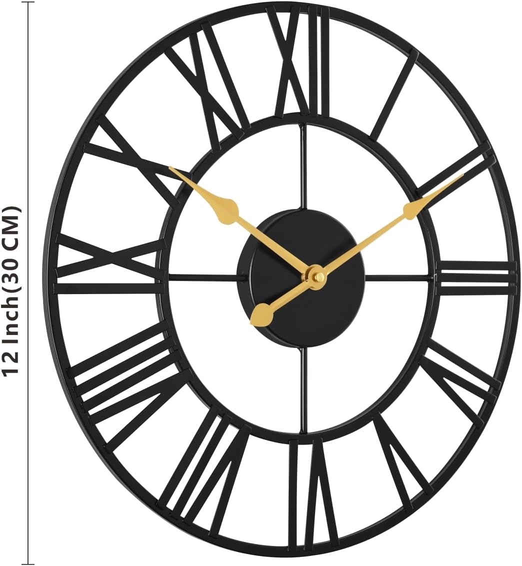Roman Numeral Iron Wall Clock – 12 Inch / 30CM Decorative Silent Clock with Golden Hands for Living Room, Bedroom, Study, Dining Room, and Office