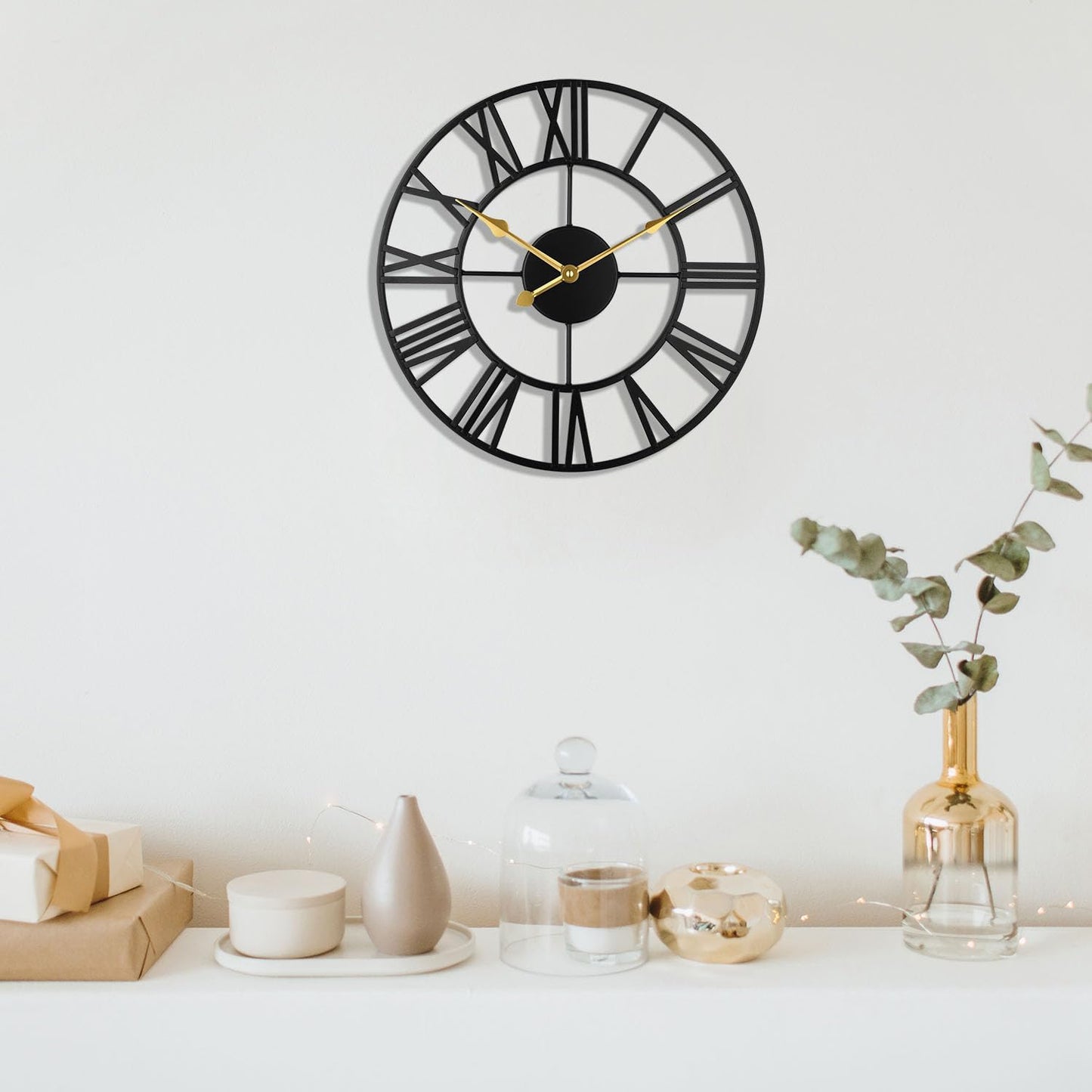 Roman Numeral Iron Wall Clock – 12 Inch / 30CM Decorative Silent Clock with Golden Hands for Living Room, Bedroom, Study, Dining Room, and Office