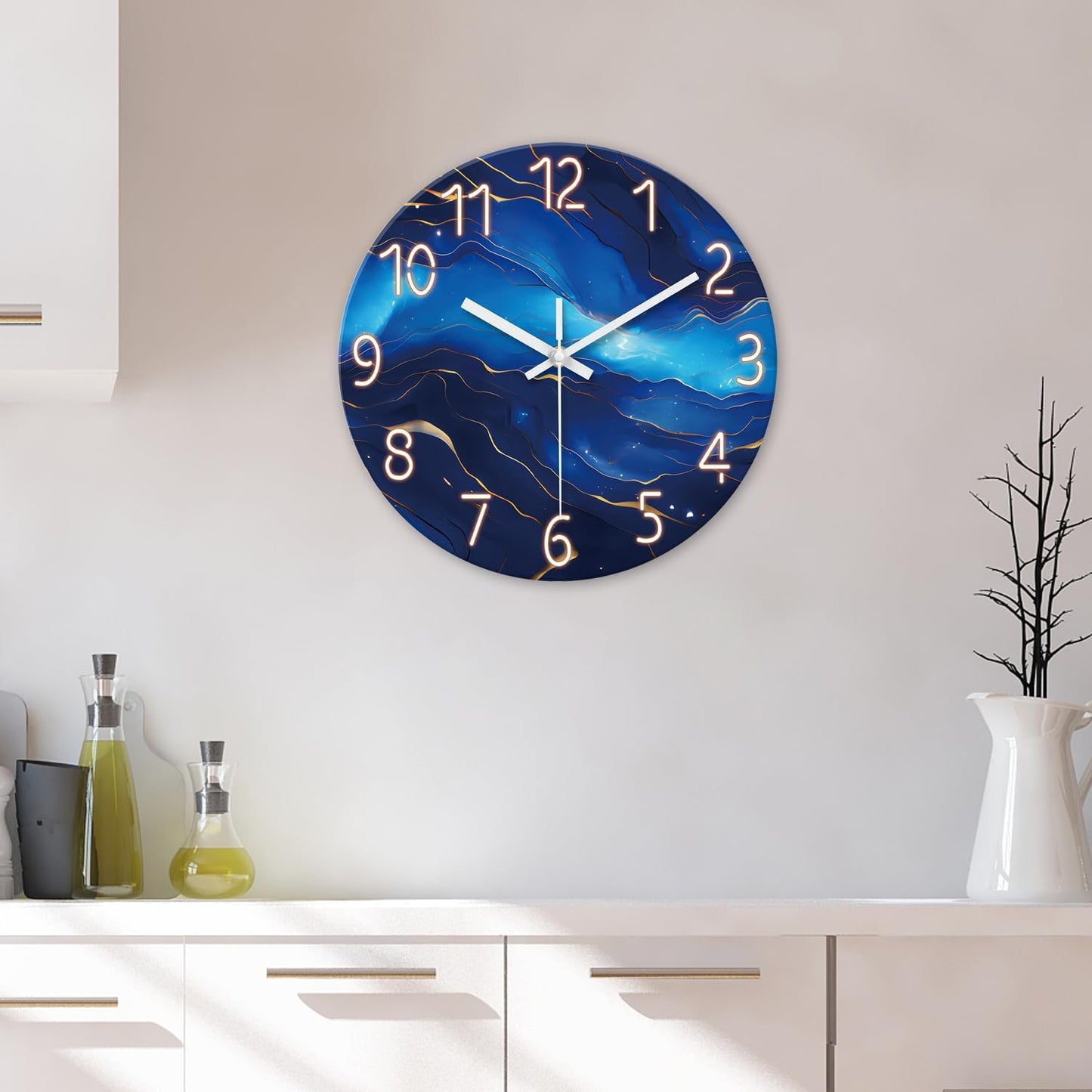 Blue Artistic Pattern Silent Wall Clock – 12 Inch / 29.7CM Decorative Round Clock with Golden Line Detail for Living Room, Bedroom, Study, Dining Room, and Office