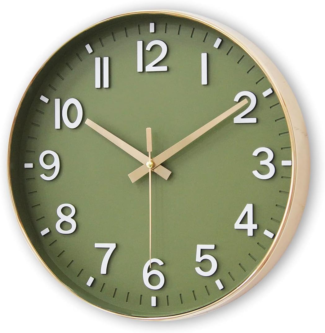 12 - Inch Olive Green Wall Clock with Gold Accents: A Fusion of Style and Function