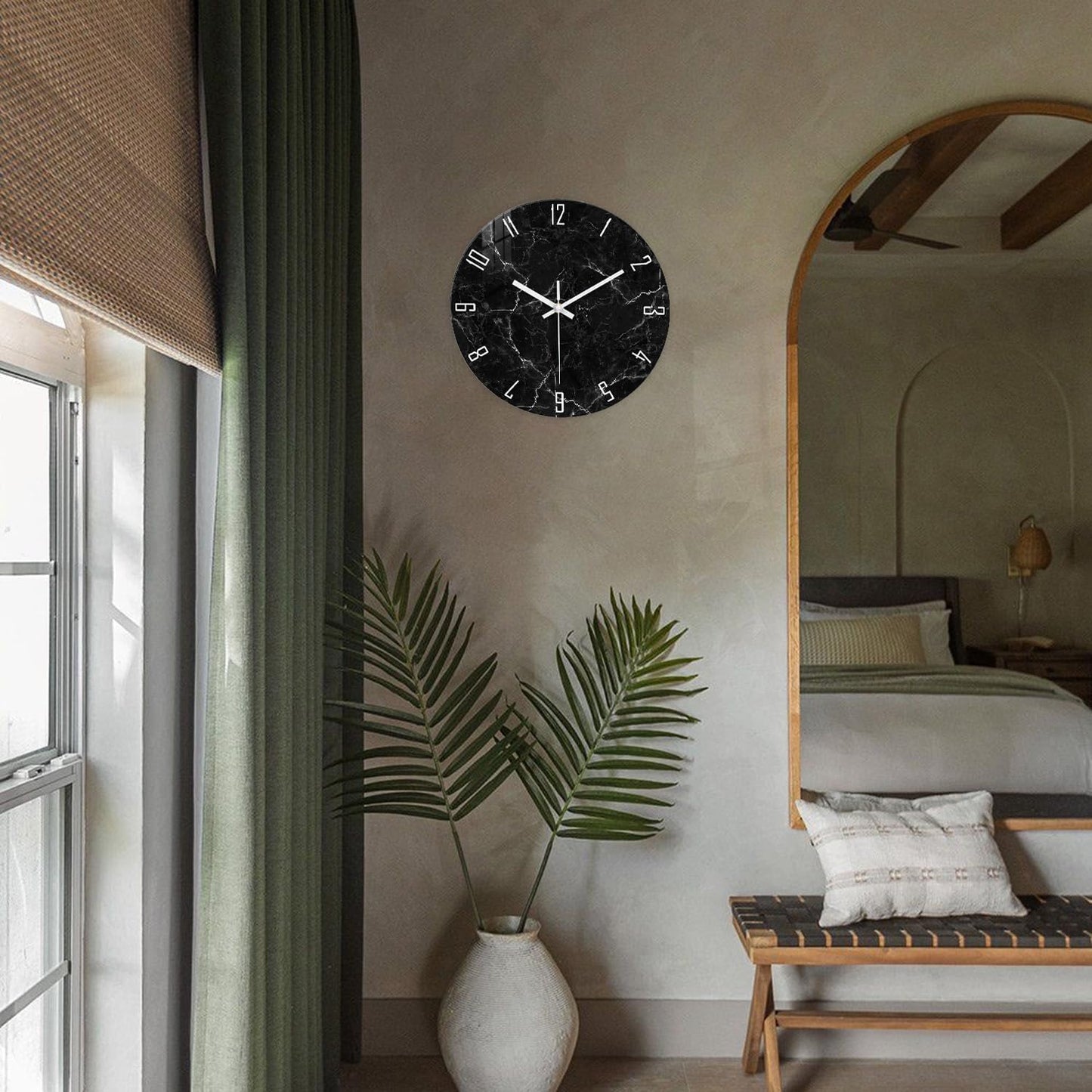 Marble Pattern Silent Wall Clock – 12 Inch / 29.7CM Decorative Black Clock with White Numbers for Living Room, Bedroom, Study, Dining Room, and Office
