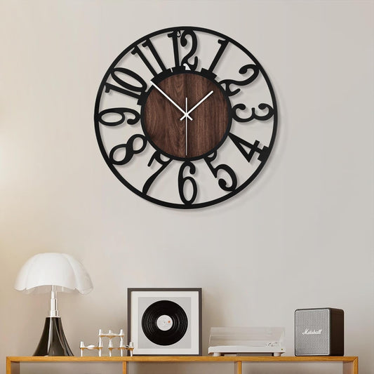 Hollow Number Iron Wall Clock – 13.5 Inch / 34CM Decorative Round Clock with Wood Grain Center for Living Room, Bedroom, Study, Dining Room, and Office