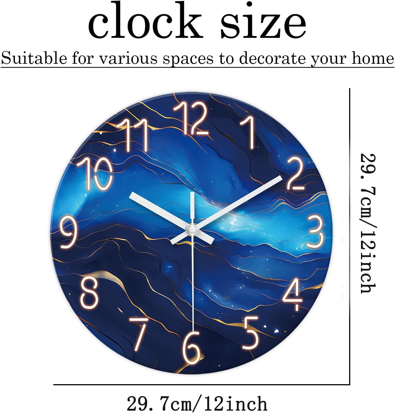 Blue Artistic Pattern Silent Wall Clock – 12 Inch / 29.7CM Decorative Round Clock with Golden Line Detail for Living Room, Bedroom, Study, Dining Room, and Office