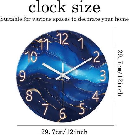 Blue Artistic Pattern Silent Wall Clock – 12 Inch / 29.7CM Decorative Round Clock with Golden Line Detail for Living Room, Bedroom, Study, Dining Room, and Office