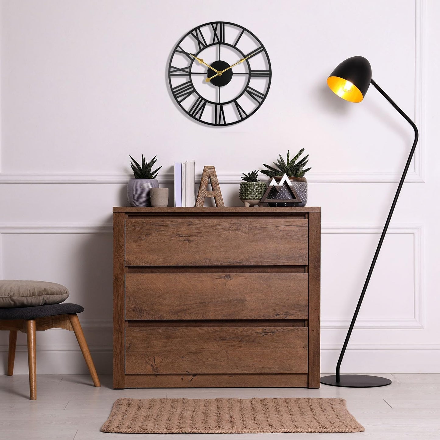 Roman Numeral Iron Wall Clock – 12 Inch / 30CM Decorative Silent Clock with Golden Hands for Living Room, Bedroom, Study, Dining Room, and Office