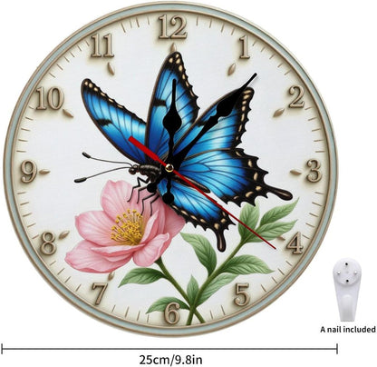 Butterfly and Flower Decorative Wall Clock – 9.8 Inch / 25CM Silent Quartz Art Clock for Living Room, Bedroom, Dining Room, Study, and Office