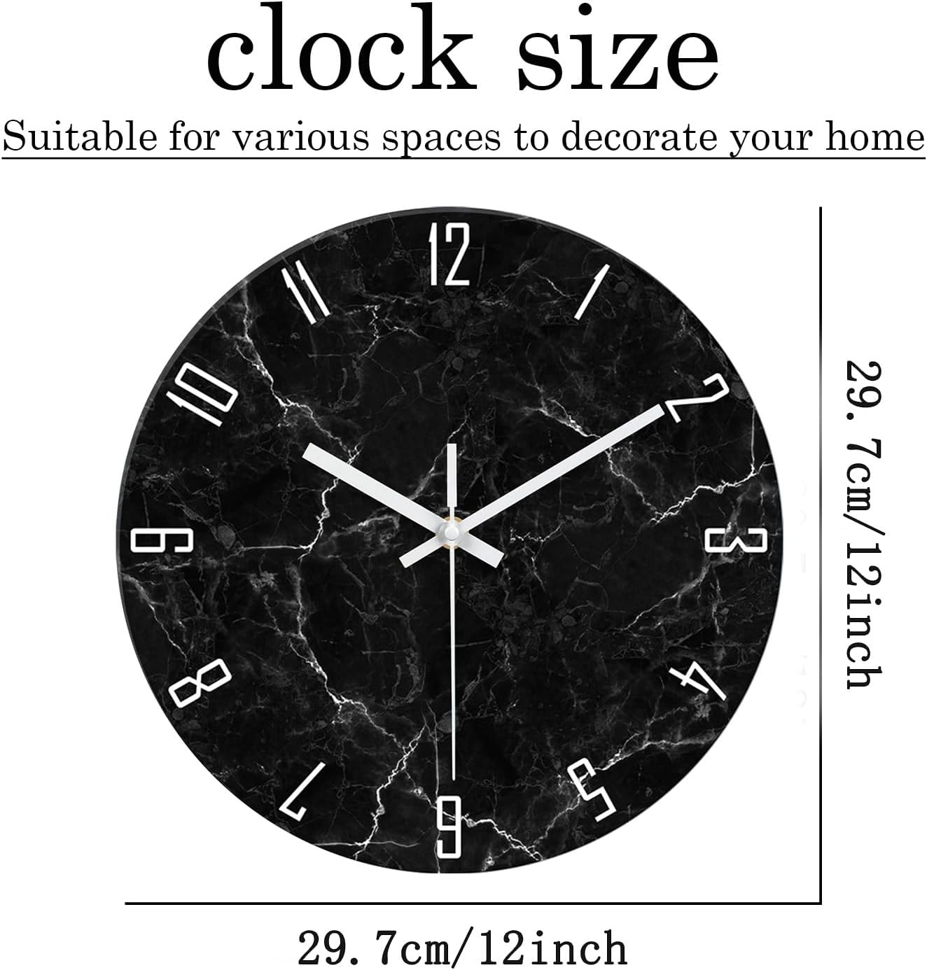 Marble Pattern Silent Wall Clock – 12 Inch / 29.7CM Decorative Black Clock with White Numbers for Living Room, Bedroom, Study, Dining Room, and Office