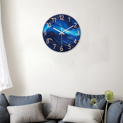 Blue Artistic Pattern Silent Wall Clock – 12 Inch / 29.7CM Decorative Round Clock with Golden Line Detail for Living Room, Bedroom, Study, Dining Room, and Office