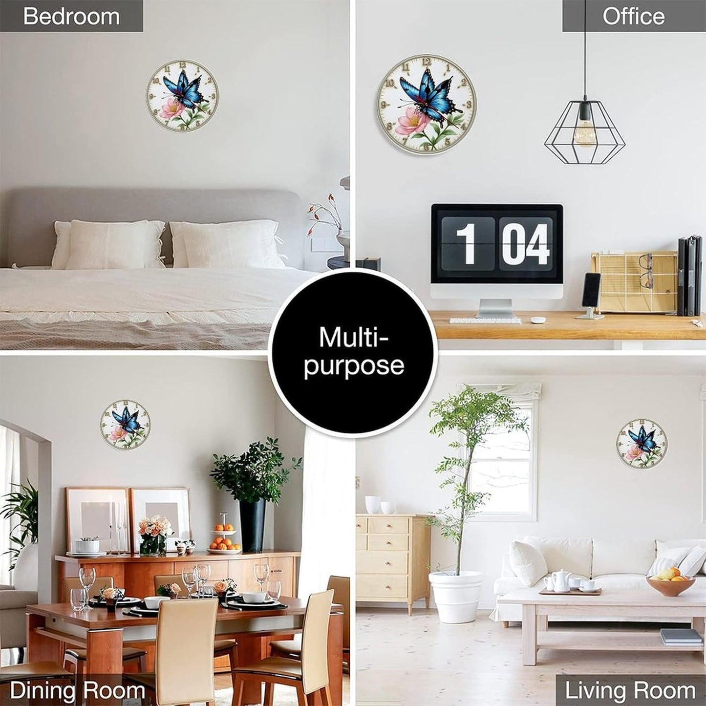 Butterfly and Flower Decorative Wall Clock – 9.8 Inch / 25CM Silent Quartz Art Clock for Living Room, Bedroom, Dining Room, Study, and Office