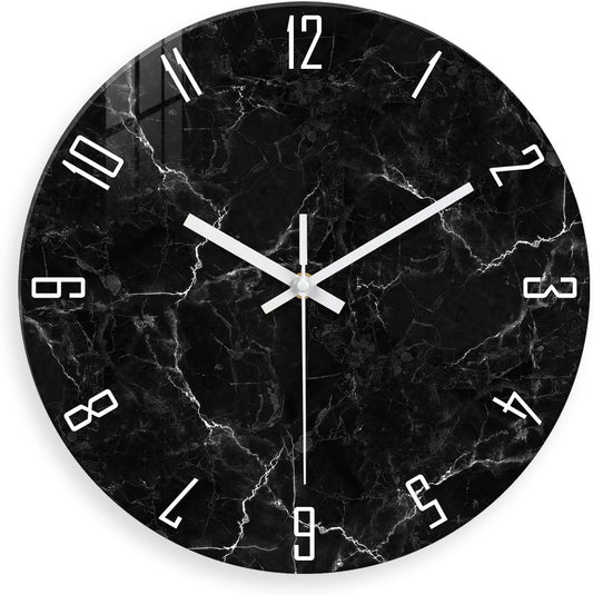 Marble Pattern Silent Wall Clock – 12 Inch / 29.7CM Decorative Black Clock with White Numbers for Living Room, Bedroom, Study, Dining Room, and Office