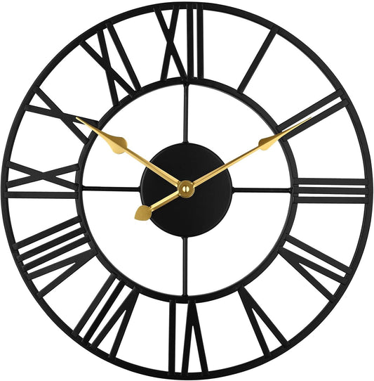 Roman Numeral Iron Wall Clock – 12 Inch / 30CM Decorative Silent Clock with Golden Hands for Living Room, Bedroom, Study, Dining Room, and Office