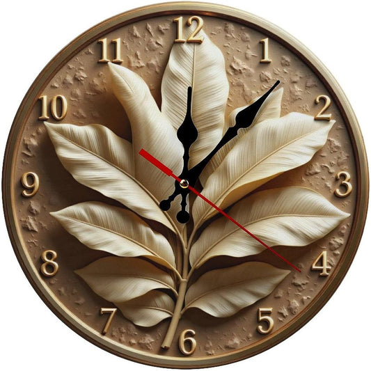 3D Relief Leaf Wall Clock – 9.8 Inch / 25CM Silent Decorative Clock with Artistic Design for Living Room, Bedroom, Dining Room, Study, and Office