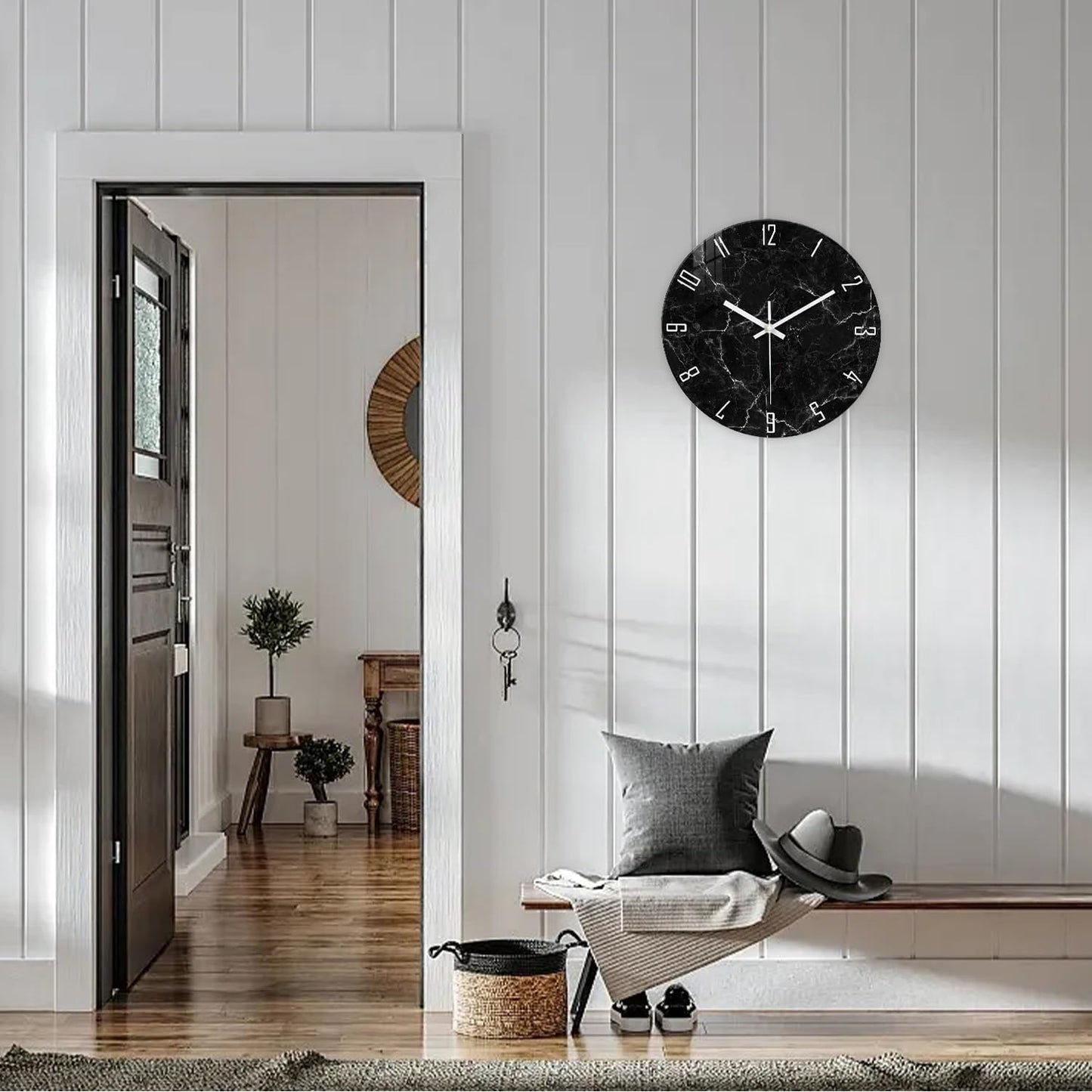 Marble Pattern Silent Wall Clock – 12 Inch / 29.7CM Decorative Black Clock with White Numbers for Living Room, Bedroom, Study, Dining Room, and Office