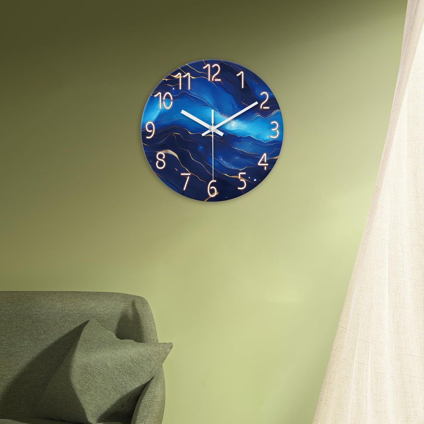 Blue Artistic Pattern Silent Wall Clock – 12 Inch / 29.7CM Decorative Round Clock with Golden Line Detail for Living Room, Bedroom, Study, Dining Room, and Office
