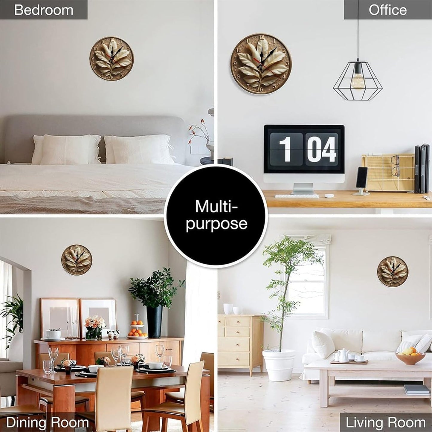 3D Relief Leaf Wall Clock – 9.8 Inch / 25CM Silent Decorative Clock with Artistic Design for Living Room, Bedroom, Dining Room, Study, and Office