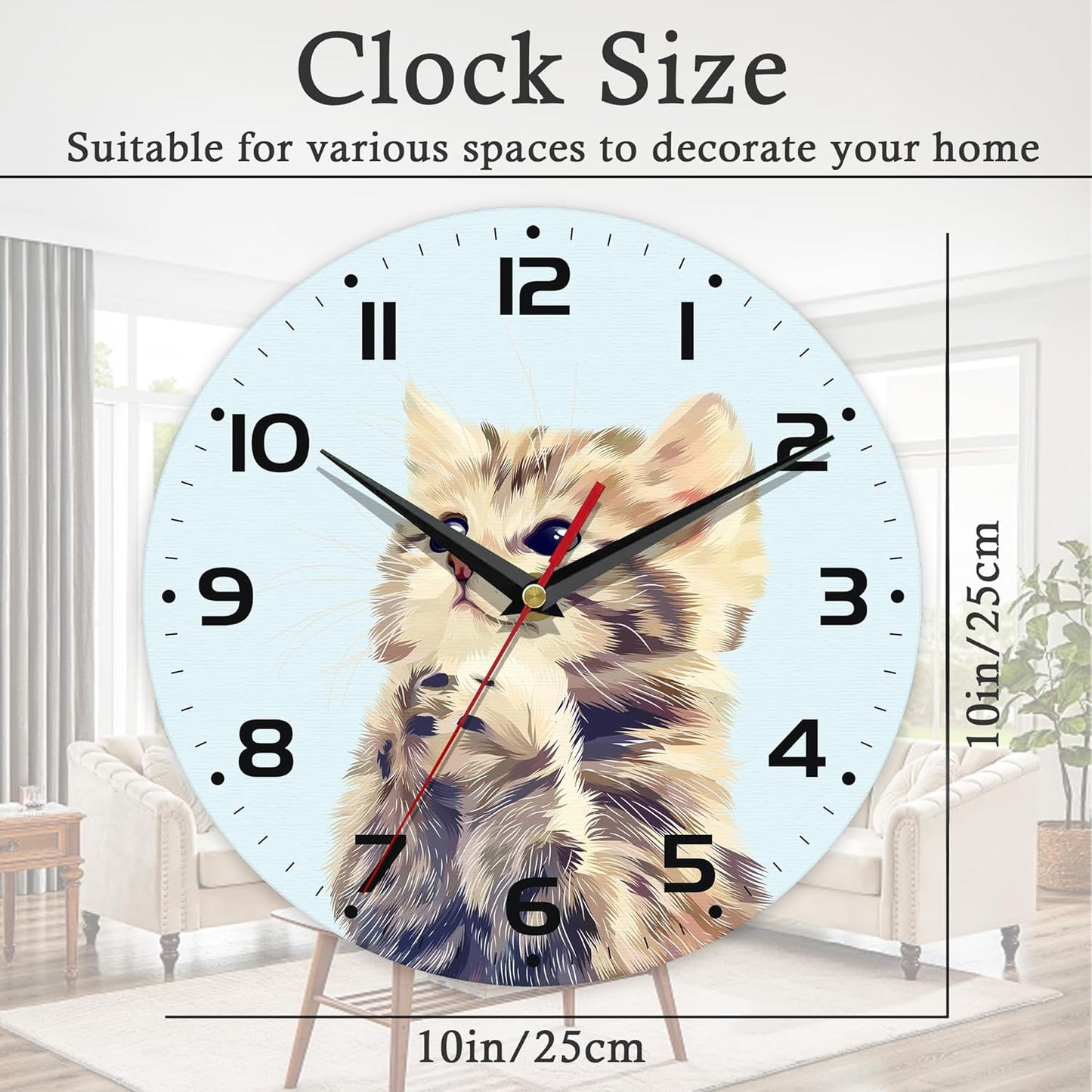 Silent Creative Wall Clock – 10 Inch / 25CM Decorative Clock with Cute Cat Design for Living Room, Bedroom, Study, Dining Room, and Office