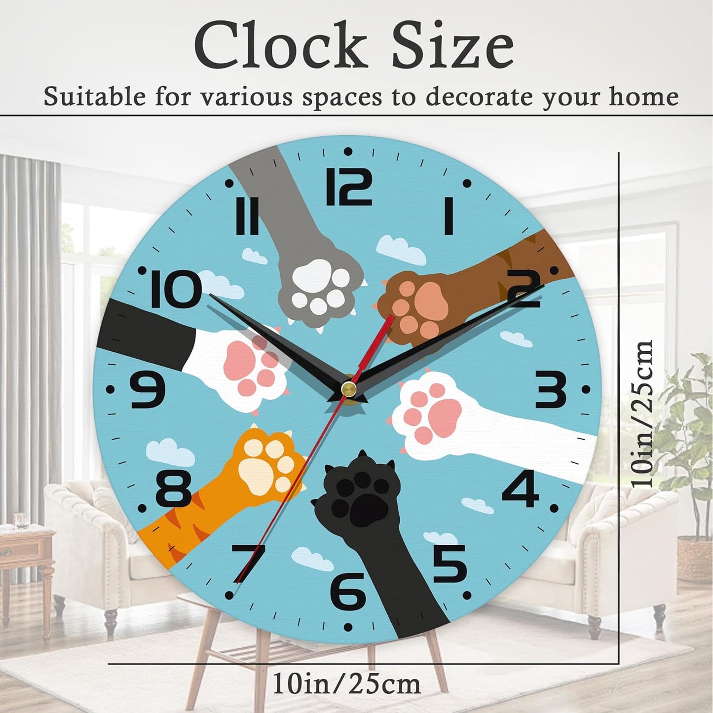 Silent Creative Wall Clock – 10 Inch / 25CM Decorative Clock with Cute Cat Paw Design for Living Room, Bedroom, Study, Dining Room, and Office